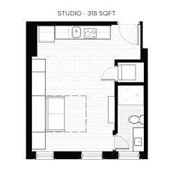 A floor plan of a studio apartment with 318 square feet.