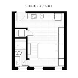 A floor plan of a studio apartment with a total area of 332 square feet.