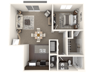 a rendering of a 3d floor plan with a bedroom and a bathroom