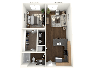 A 3D floor plan of a small apartment with a living room, kitchen, and bathroom.