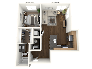 A 3D floor plan of a small apartment with a kitchen, living room, and two bedrooms.