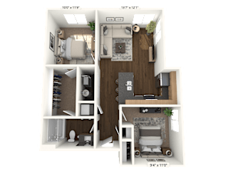 A 9'4"x11'0" floor plan of a room with a kitchen, living room, and bathroom.