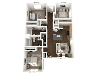 A 3D floor plan of a house with dimensions and room layout.