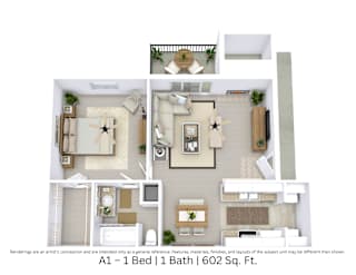 3D floor plan with furniture and layout for a 1 bed, 1 bath home. Approx. 602 sq. ft.