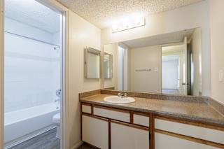 A bathroom in a model unit at Skyler Ridge Complex, featuring a sink, a shower, and a mirror.