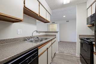 A model unit kitchen at Skyler Ridge Complex featuring a sink, a refrigerator, a stove, and black appliances.