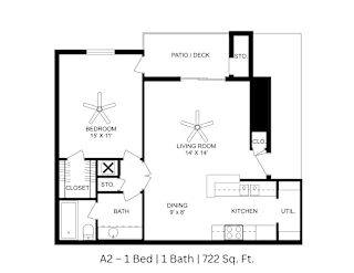 2D floor plan with labeled rooms and dimensions for a 1 bed, 1 bath. Approx. 722 sq. ft.