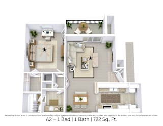 3D floor plan showing interior layout and furniture for a 1 bed, 1 bath. Approx. 722 sq. ft.
