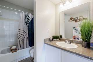 A bathroom in a model unit at Skyler Ridge Complex, featuring a sink, a shower, and a mirror.