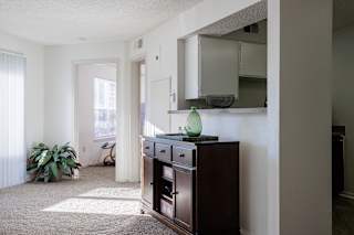 A living room in a model unit at Skyler Ridge Complex, featuring a dresser and a mirror on the wall.