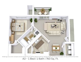 3D floor plan with furniture layout and flow for a 1 bed, 1 bath. Approx. 760 sq. ft.