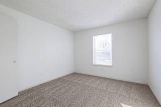 An empty bedroom in a model unit at Skyler Ridge Complex, featuring carpet flooring and a window letting in natural light.