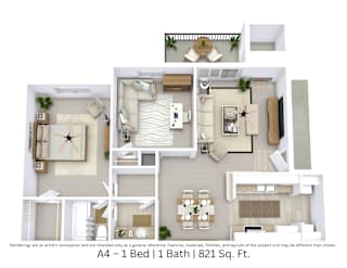 3D floor plan with overhead view and furniture for a 1 bed, 1 bath. Approx. 821 sq. ft.