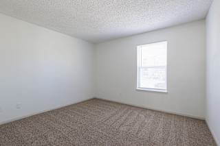 An empty bedroom in a model unit at Skyler Ridge Complex, featuring carpet flooring and a window letting in natural light.