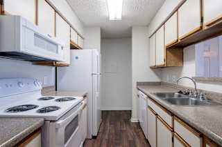 Well-equipped model kitchen at Skyler Ridge featuring black appliances and a clean layout.