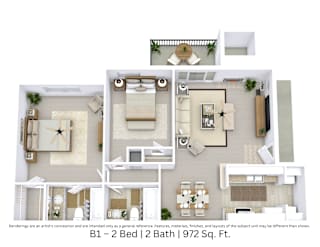 3D floor plan for B1 unit showing furniture and flow. 2 beds, 2 baths. Approx. 972 sq. ft.