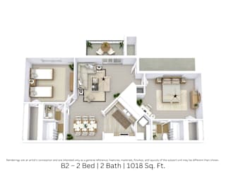 3D floor plan of a 2 bed, 2 bath unit showing open furniture flow. Approx. 1,018 sq. ft.