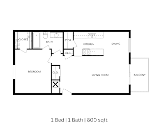 2D floor plan showing labeled rooms, walls, dimensions, 1 bedroom, 1 bath, 800 Sq. Ft.