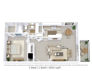 3D floor plan with angled view, room layout, furniture placement, 1 bedroom, 1 bath, 800 Sq. Ft.