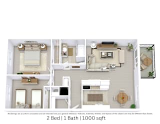 3D floor plan with angled view, room layout, furniture placement, 2 bedrooms, 1 bath, 1000 Sq. Ft.