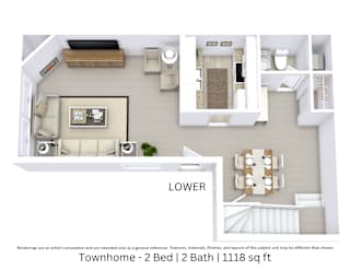 3D floor plan of a lower 2-bed, 2-bath townhome with furniture layout and room flow. 1,118 sq. ft.