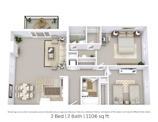 3D floor plan of a 2-bed, 2-bath apartment with furniture layout and room flow. 1,106 sq. ft.
