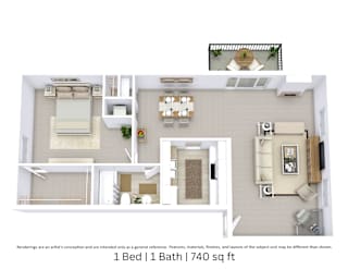 3D floor plan of a 1-bed, 1-bath apartment with furniture layout and room flow. 740 sq. ft.