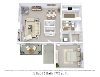 3D floor plan of a 1-bed, 1-bath apartment with furniture layout and room flow. 775 sq. ft.