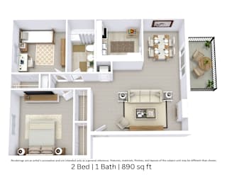 3D floor plan of a 2-bed, 1-bath apartment with furniture layout and room flow. 890 sq. ft.