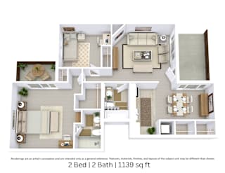 3D floor plan of a 2-bed, 2-bath apartment with furniture layout and room flow. 1,139 sq. ft.