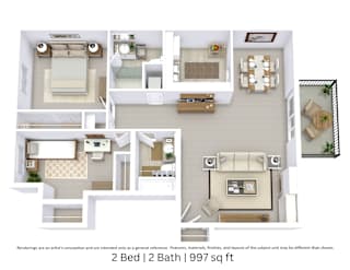3D floor plan of a 2-bed, 2-bath apartment with furniture layout and room flow. 997 sq. ft.