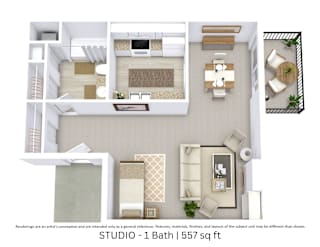 This is a 3D-floor plan providing a detailed, angled view of the space with room layouts, furniture placement, and spatial flow. Features Studio Room and 1 Bathroom.
