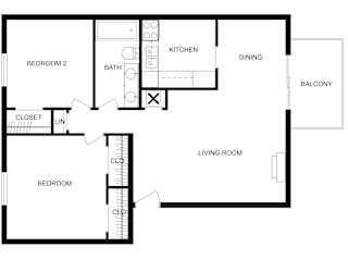 2D floor plan of a 2-bed, 1-bath apartment with labeled rooms and dimensions. 890 sq. ft.