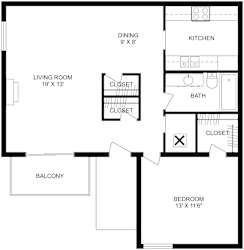 2D floor plan of a 1-bed, 1-bath apartment with labeled rooms and dimensions. 775 sq. ft.