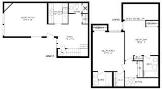 2D floor plan of a 2-bed, 2-bath townhome with labeled rooms and dimensions. 1,118 sq. ft.