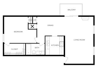 2D floor plan of a 1-bed, 1-bath apartment with labeled rooms and dimensions. 740 sq. ft.
