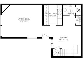 2D floor plan of a lower 2-bed, 2-bath townhome with labeled rooms and dimensions. 1,118 sq. ft.