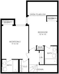 2D floor plan of an upper 2-bed, 2-bath townhome with labeled rooms and dimensions. 1,118 sq. ft.