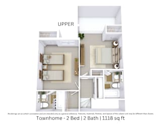 3D floor plan of an upper 2-bed, 2-bath townhome with furniture layout and room flow. 1,118 sq. ft.
