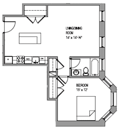 a floor plan of a small house with a bedroom and a living room
