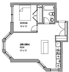 a floor plan of a small house with a bedroom and a living room