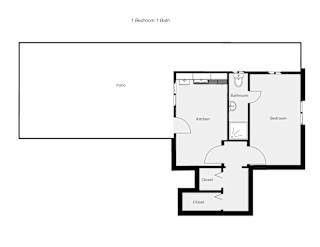 A floor plan of a one bedroom apartment with a bathroom in the middle of the room.