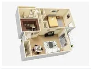 A 3D image of a house layout with a kitchen, living room, and two bedrooms.