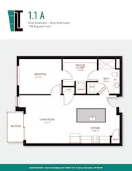 A floor plan of a one bedroom, one bathroom apartment.