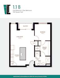A floor plan of a 1.1 B apartment with one bedroom and one bathroom.