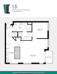 A floor plan of a 1D apartment with one bedroom and one bathroom.