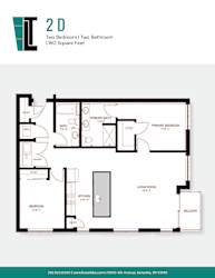 A floor plan of a 2D apartment with two bedrooms and two bathrooms.
