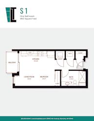 A floor plan of a one-bedroom apartment with a bathroom, kitchen, living room, bedroom, and balcony.