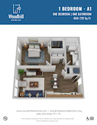 A floor plan of a one bedroom apartment with a living room, kitchen, and bathroom.