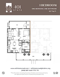 A floor plan for a 1 bedroom apartment sized at 627 square feet.
